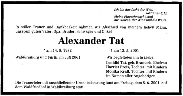 Tat Alexander 1932-2001 Todesanzeige (1)